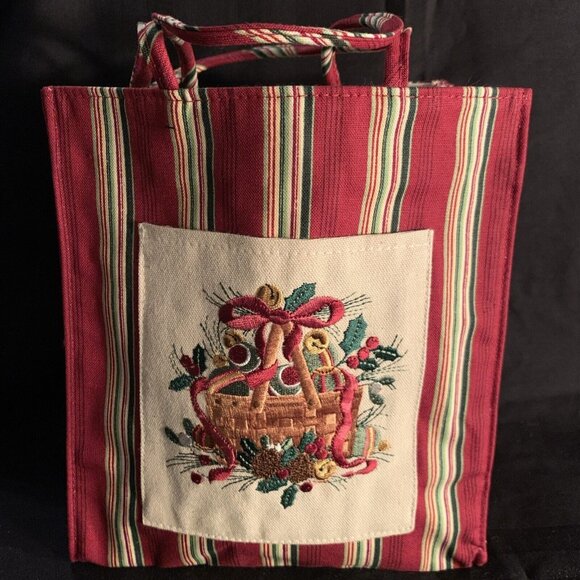 2005 Longaberger Embroidered Holiday Tote Bag Stripe Fabric 9" x 8" x 4.5" NWT - Picture 1 of 12